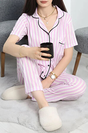 SeKa Viskon Düğmeli Pijama Takımı Lilaçizgili - 50682.1048.