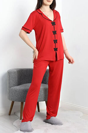 SeKa Fiyonk Nakışlı Biyeli Viskon Pijama Takımı	 Kırmızı - 40565.1857.