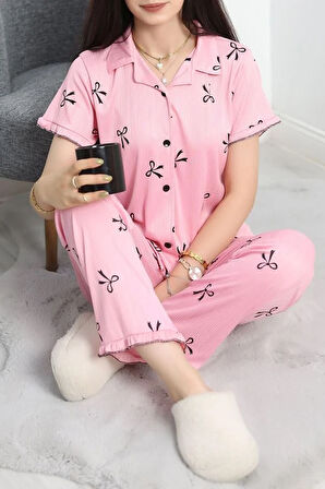 SeKa Pegasus Fırfırlı Düğmeli Pijama Takımı Tozpembe - 671.1287.