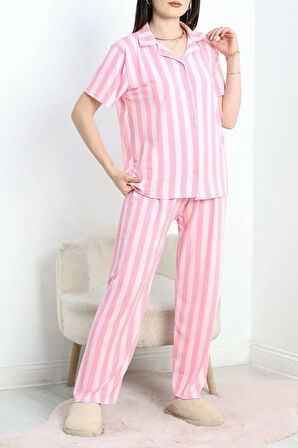 SeKa Milan Kumaş Düğmeli Pijama Takımı Pembeçizgili1 - 750.1287.