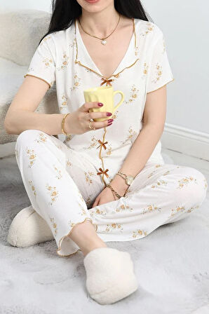 SeKa Viskon Pijama Takımı Beyazcamel - 70090.1952.