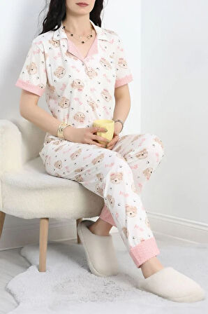 SeKa Düğmeli Poliviskon Pijama Takımı Ekrupembe - 40926.1961.