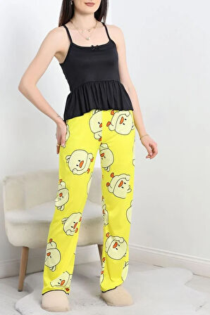 SeKa Milan İp Askılı Fırfırlı Pijama Takım Sarısiyah - 70186.1857.