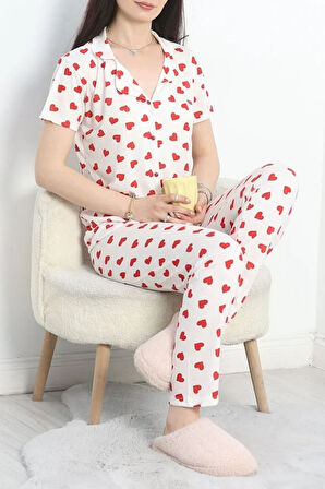 SeKa Bamboo Kumaş Düğmeli Pijama Takımı Beyazkırmızı - 50522.1952.