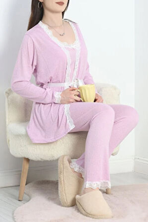 SeKa Viskon 3'Lü Set Pijama Takımı Lilabeyaz - 70099.1050.
