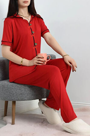 SeKa Kiraz Nakışlı Biyeli Viskon Pijama Takımı Kırmızı - 40562.1857.