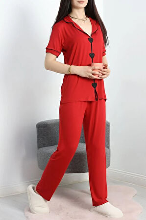 SeKa Kalp Nakışlı Biyeli Viskon Pijama Takım Kırmızı - 40564.1857.