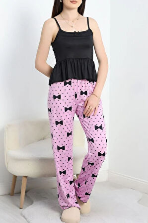 SeKa Milan İp Askılı Fırfırlı Pijama Takım Siyahlila - 70186.1857.