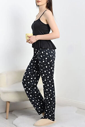 SeKa Milan İp Askılı Fırfırlı Pijama Takım Siyahbeyaz - 70186.1857.