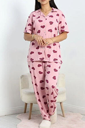 SeKa Poliviskon Büyük Beden Düğmeli Pijama Takımı Pudrakalp - 50605.1961.