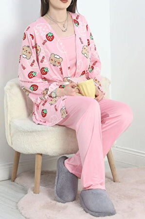 SeKa Milan Kumaş 3'Lü Set Pijama Takımı Pembedesenli - 70103.1857.