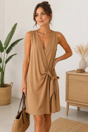 Daisy Kadın Camel V Yaka Bağlamalı Kolsuz Elbise M Beden Günlük Şık Yazlık Elbise