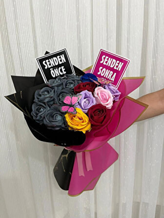Senden Önce Senden Sonra Gül Buketi Çiçek A Kalite Kelebek Buket