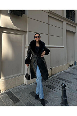 Kadın Yakası Kürk Görünümlü Astarlı Deri Trençkot