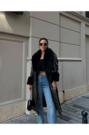 Kadın Yakası Kürk Görünümlü Astarlı Deri Trençkot