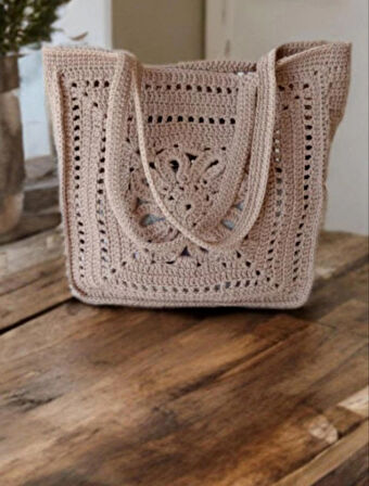 HandMade yazlık kadın özel motifli bej omuz çantası