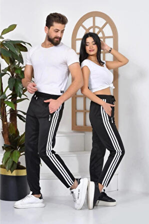 Maki Home 3 Şeritli Scuba Kumaş Kadın Erkek Unisex Siyah Eşofman Altı Beyaz Çizgili