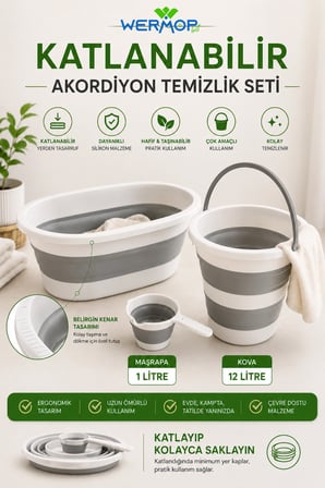 3'lü Katlanabilir Temizlik Seti Çamaşır Sepeti Akordiyon Su Kovası Maşrapa Seti