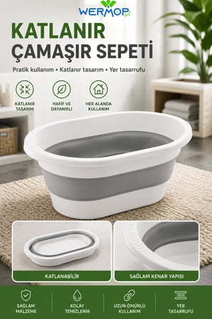 3'lü Katlanabilir Temizlik Seti Çamaşır Sepeti Akordiyon Su Kovası Maşrapa Seti