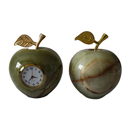 Onyx Doğal Taş El Yapımı Elma Figürlü Masa Saati ve Elma Figür Seti, 9x8 cm, Yeşil
