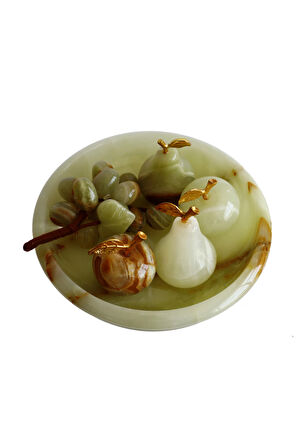 Oniks Doğal Taş Meyve Seti – 5 Parça – 6” Ayaklı Çanak + Elma & Armut + Üzüm Takımı – El Yapımı Dekoratif