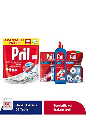 Pril Hepsi Bir Arada Extra 80Yıkama Bulaşık Makinesi Deterjanı Tableti + Temizlik Ve Bakım Seti