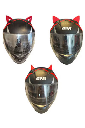 Kask süsü -3 lü set Kedi kulağı,kask boynuzu ve Rüzgar Tutmaz kedi kulağı sağ sol takım-kırmızı