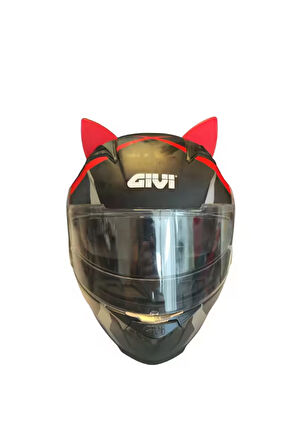 Kask süsü -3 lü set Kedi kulağı,kask boynuzu ve Rüzgar Tutmaz kedi kulağı sağ sol takım-kırmızı