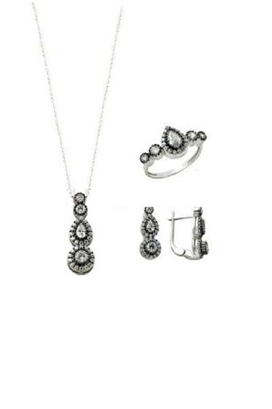 rodyumlu zirkon taşlı elmas montürlü tria damla modeli üçlü set