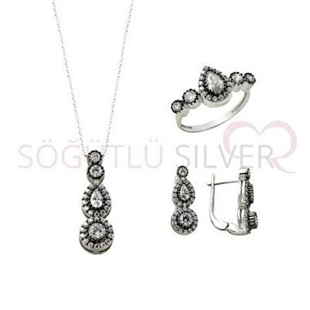 rodyumlu zirkon taşlı elmas montürlü tria damla modeli üçlü set