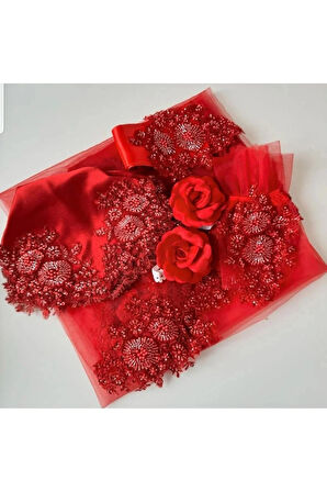 Gelin Duvağı Lüks Vip Duvak 5 Parça Set Duvak Takım Lüx Duvak Kına Malzemeleri Kırmızı