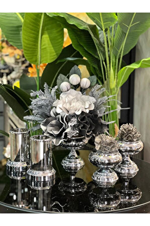 Yapay Çiçekli 5 Parça Set Gümüş No:16
