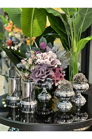 Yapay Çiçekli 5 Parça Set Gümüş No:17