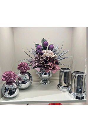 Yapay Çiçekli 5 Parça Set Gümüş No:4