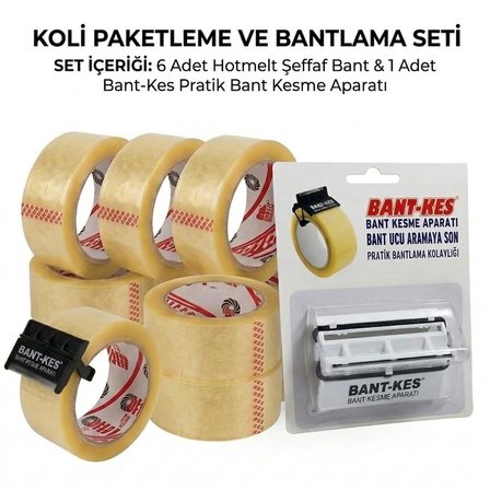 ŞeyliŞeyler - 6 Adet Hotmelt Şeffaf Koli Bandı 45 mm x 100 m ve Bant-Kes Pratik Bant Kesme Aparatı Seti