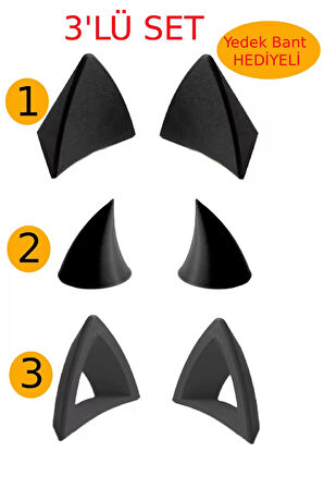Kask süsü -3 lü set Kedi kulağı,kask boynuzu ve Rüzgar Tutmaz kedi kulağı sağ sol takım-siyah