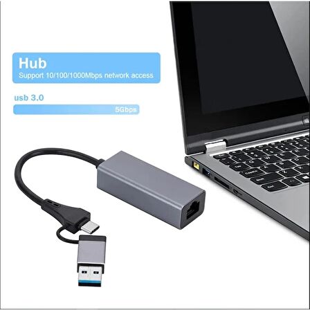 USB ve Type-C Hub Adaptör To 3x USB 3.0 + RJ45 Ethernet Çevirici Dönüştürücü Combo