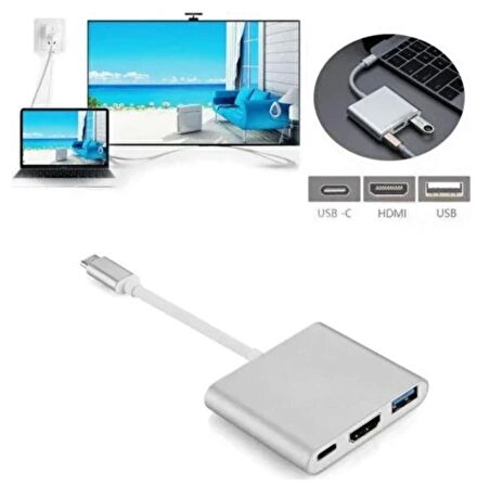 Macbook Uyumlu 4K Full Hd 1080P Type C To 3 Portlu HDMI - USB 3.0 - Pd Çevirici Hub Adaptör3'in 1 Dönüştürücü