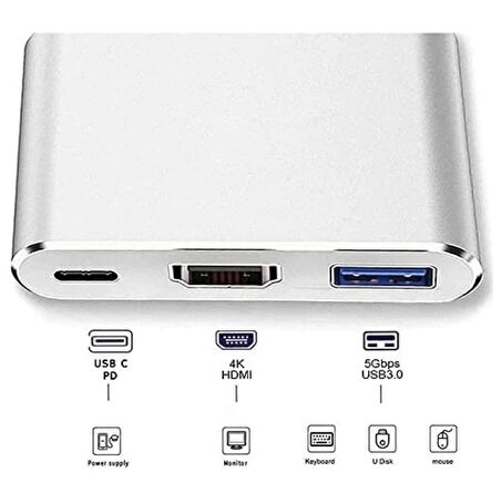 Macbook Uyumlu 4K Full Hd 1080P Type C To 3 Portlu HDMI - USB 3.0 - Pd Çevirici Hub Adaptör3'in 1 Dönüştürücü