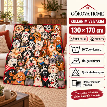 Sevimli Dostlar | Köpek Desenli | %100 Polar TV Battaniyesi 130x170CM Büyük Boy