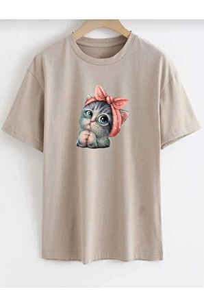 sevimli kedi baskılı oversize basic o yaka unisex t-şhirt