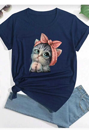 sevimli kedi baskılı oversize basic o yaka unisex t-şhirt