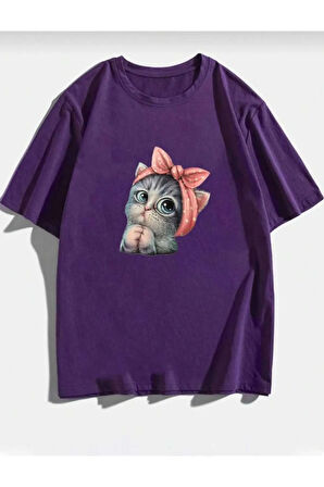 sevimli kedi baskılı oversize basic o yaka unisex t-şhirt
