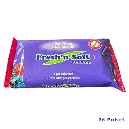 Fresh'n Soft Islak Cep Mendil - Alkolsüz ve pH Dengelenmiş - Çiçeksi Kokular - 15 Adetlik 36 Paket