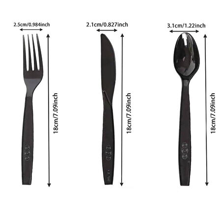 Plastik Siyah Çatal Kaşık Seti Takımı- 100 Ad. Çatal + 100 Adet Kaşık - 18 Cm.