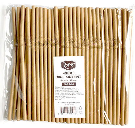 Roll-Up Doğaya Dönüş Ekolojik Doğal Körüklü Kraft Kağıt Pipet - 6 mm. - 19.5 Cm. - 100'lü Paket