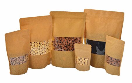 Doypack Pencereli Kraft Delikli Kilitli Kese Kağıdı - Küçük Boy - 11x18x7 Cm. - 20 Adetlik 1 Paket