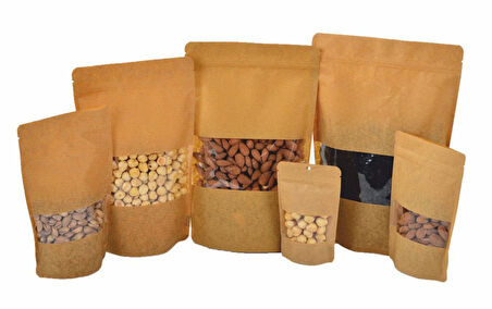 Doypack Pencereli Kraft Delikli Kilitli Kese Kağıdı - Orta Boy - 20x30 -1000Gr. - 20 Adetlik 1 Paket