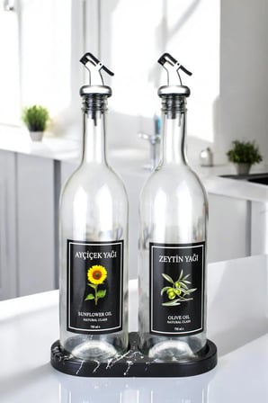 Mermer Desenli Akrilik Standlı 2'li Yağ Şişesi 750 ml  Zeytinyağ Sıvıyağ Şişesi Şeffaf Cam Yağdanlık