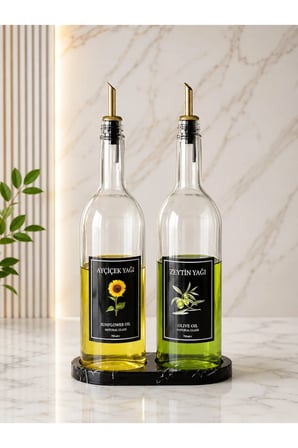 Mermer Desenli Stantlı Gold Kapaklı 2'li Yağ Şişesi 750 ml  Zeytinyağ Sıvıyağ Şişesi Cam Yağdanlık